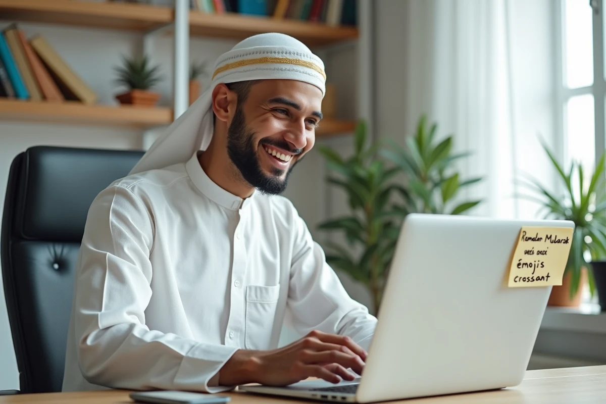 Jeune homme souriant en train d'envoyer des vœux de ramadan humoristiques sur son ordinateur portable