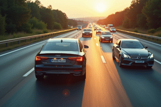 Voiture lente sur autoroute vue de dessus en plein jour