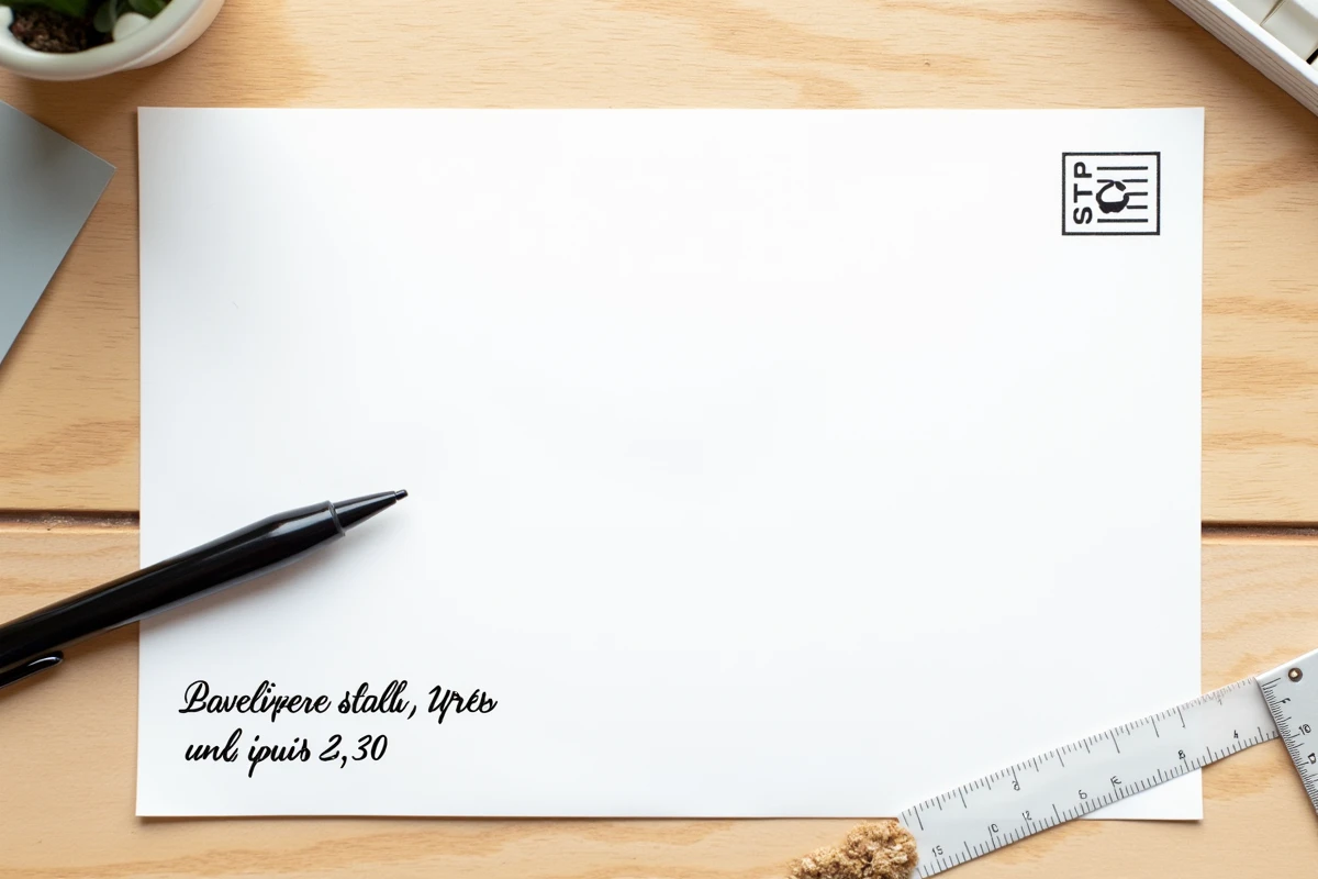Vue de dessus d'une enveloppe blanche avec adresse manuscrite en capitales respectant les zones de lecture automatique de La Poste